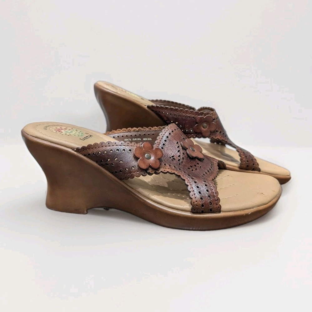 Earth Spirit Gelron Vtg Y2K Brown Leather Wedge Sandals Boho Womens 7.5 Comfort